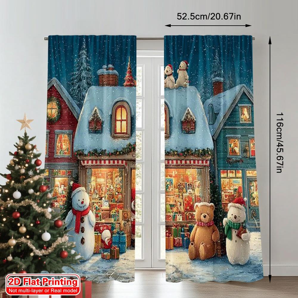 2pcs 2D flat printing Merry Christmas Scene Curtains Santa's Toy Store Fabric Without Electricity Family Party Perfect for