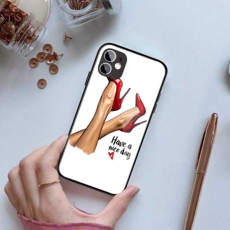 Fashion Girls High Heels Phone Case For IPhone 14 13 12 11 XS X 8 7 6 Plus Mini Pro Max SE 2022 Black PC TPU Glass Phone Cover