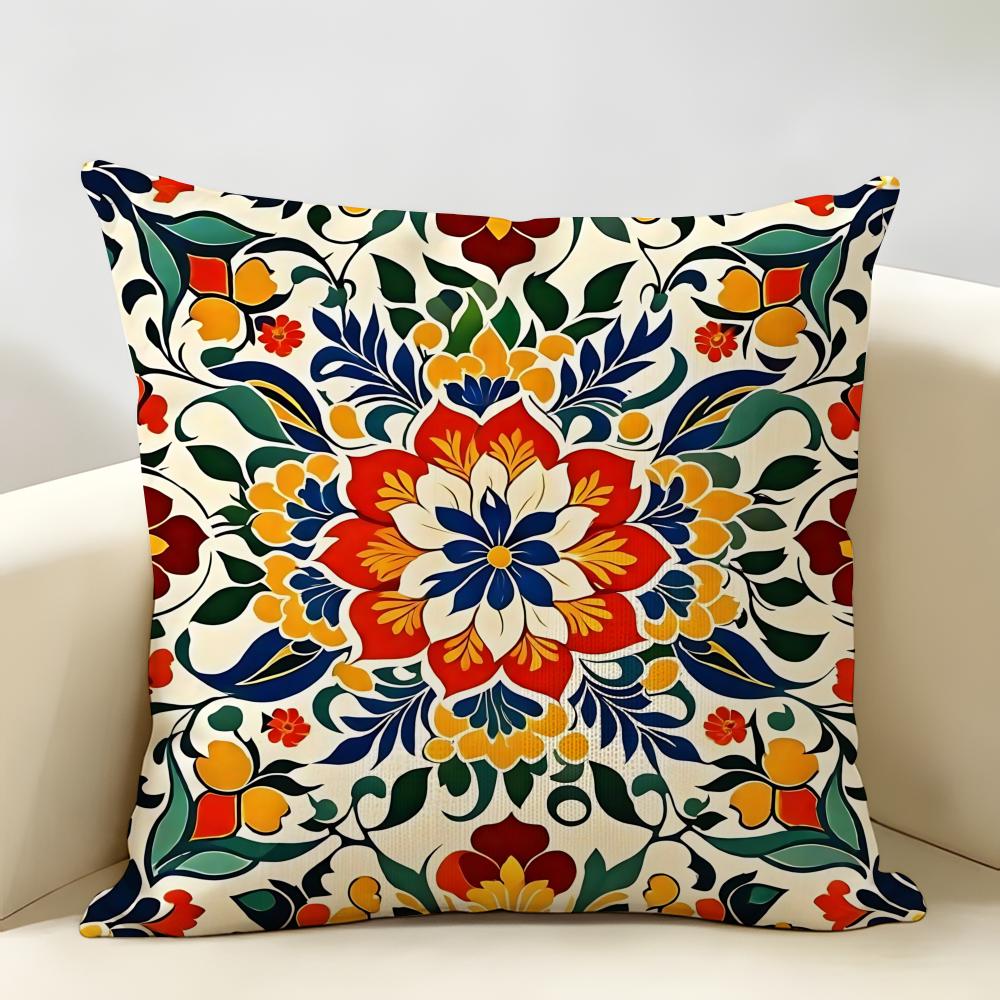 Vintage Mediterranean Floral Tile Cushion Cover Natural Linen Organic Fabric DoubleSided Printing Room Sofa Decor Pillow Case