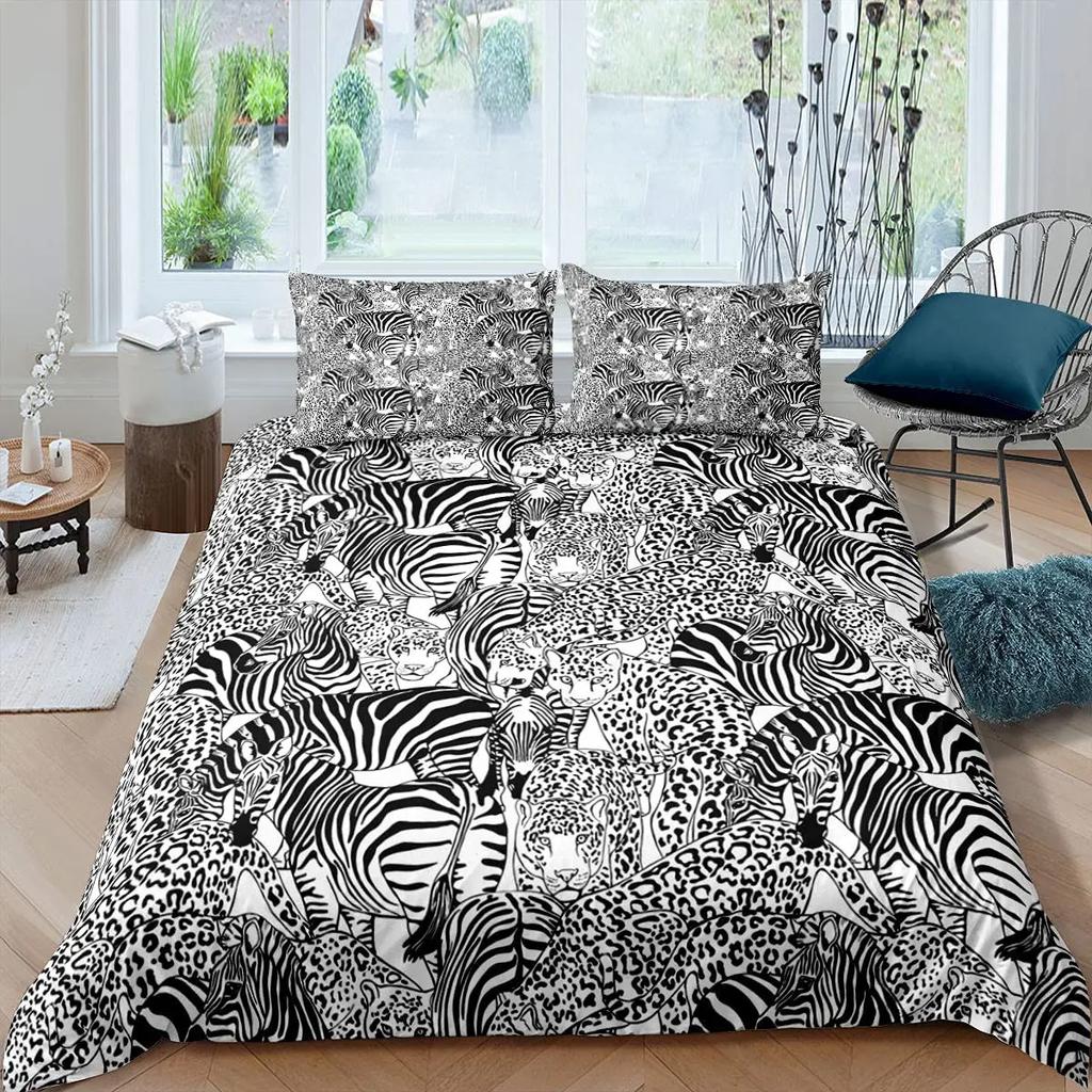 Zebra King Queen Duvet Cover Colorful Animal Bedding Set For Teens Adults Savanna Creatures Black 2/3Pcs Polyester Quilt Cover