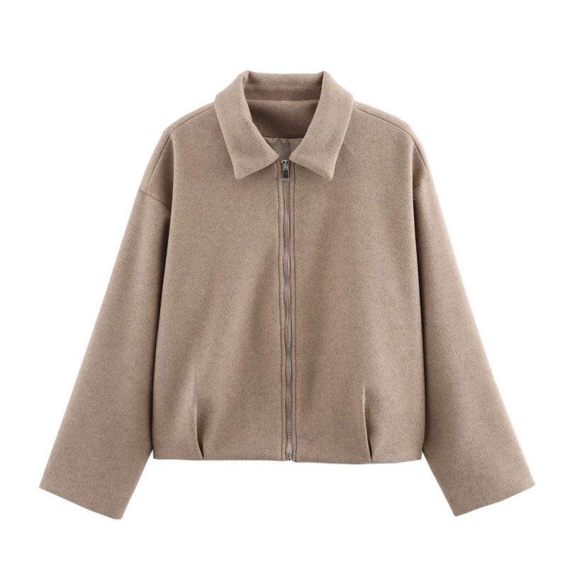 Women's Tweed Lapel Jacket: 2025 Spring/Autumn Fashion with Waist-Cinching Pleats and Zipper.
