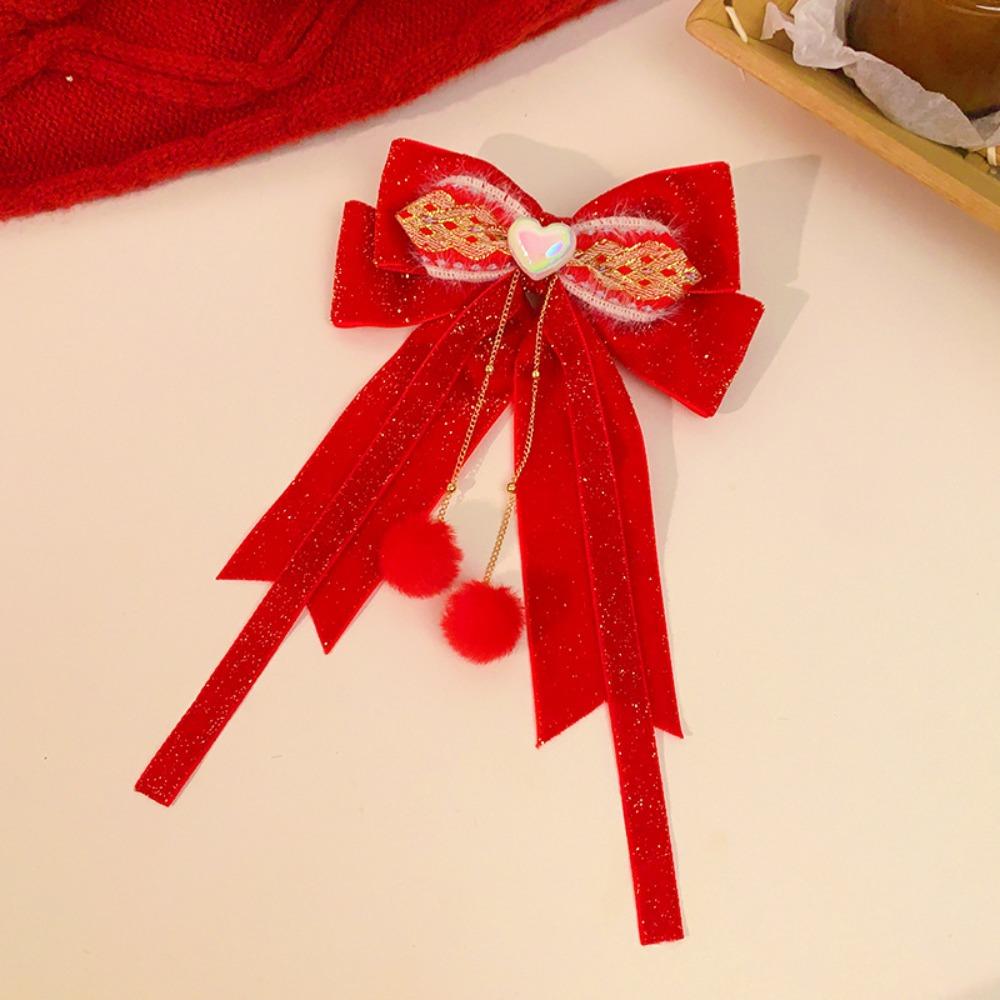 

New Year Red Bow Hair Clip Ribbon Princess Forehead Chain Cute Plush Ball Hairpin Children Style B