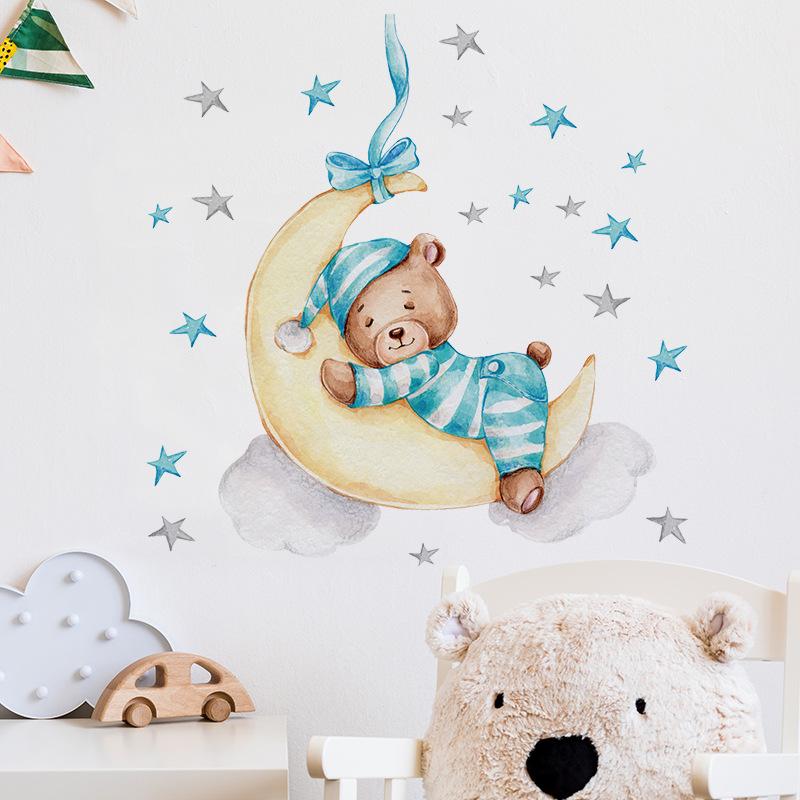 Cartoon Sleepy Bear In Pajamas with Moon Wall Stickers, Self-Adhesive Decor for Kids Room Bedroom Kindergarten Wall Decoration