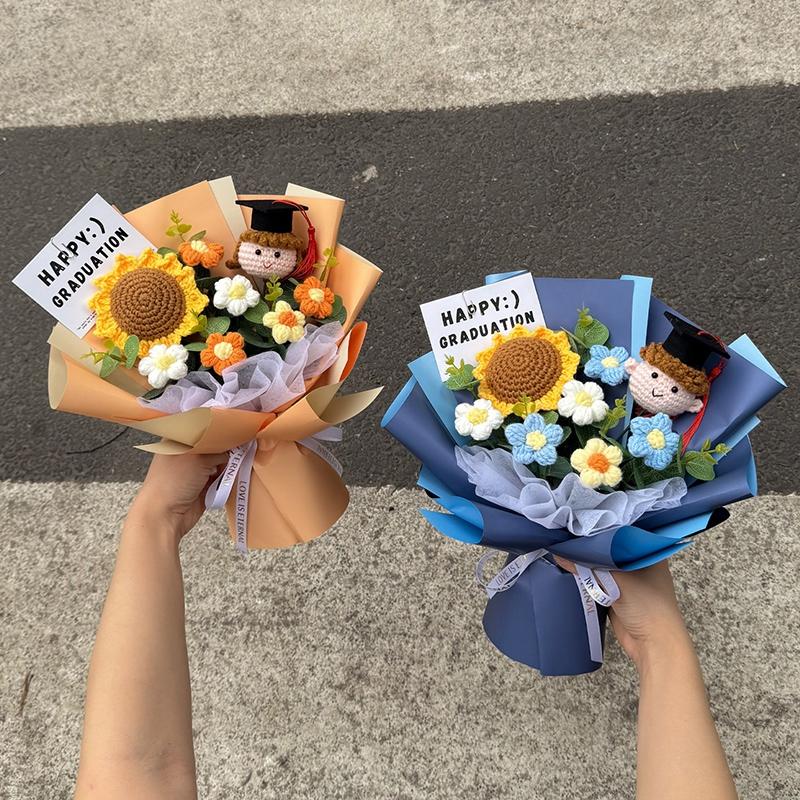 Crochet Flower Bouquet Graduation Bouquet Artificial Woven Flowers Decorations Teacher's Day Mother's Day Gifts
