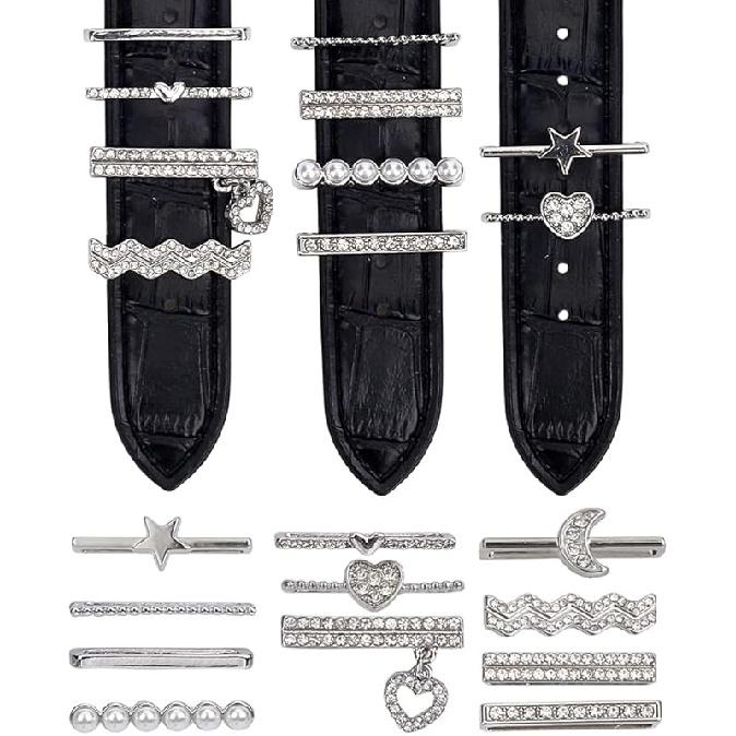 

14 шт. Чарми для годинника зі стразами, Чарми для ремінця годинника, Сплав, Хрестик, Серце, Чарми для годинника, Декоративні кільця-петлі для прикраси ремінця годинника платиновий