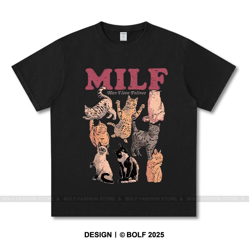 

Женская футболка с принтом «Milf Cat», 100% хлопок, свободные футболки с забавным графическим принтом для мужчин, летние топы, юмористическая уличная одежда M чёрный