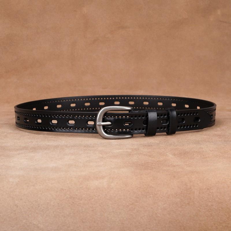 Womens Genuine Leather Belt With Hollow Design Pin Buckle Slim Width Jeans Dress Pants Black Coffee White