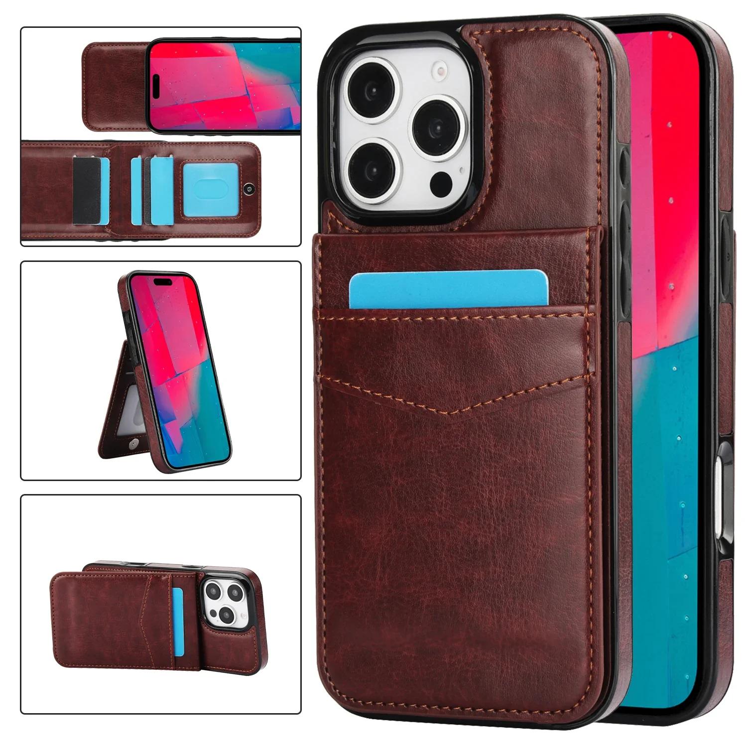 

Wallet with Card Holder Kickstand Leather Phone Case for iPhone 16 15 Pro Max Plus Shockproof Protective Cover iPhone 16 Plus коричневый