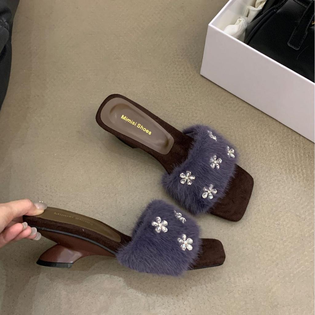 C22-8~ Slope Heel French High-end Rhinestone Square Head Open-toed Fluffy Slippers Women's Shoes Outer Wear 2025 New Models