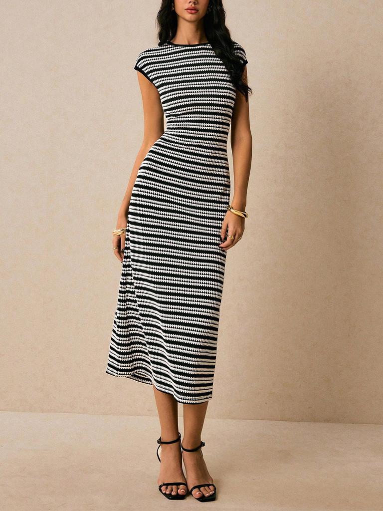 Striped Knit Dress - Imported Sleeveless Slim Fit One-Piece Midi Dress for Women