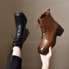Leather Boots Martin Boots Women's 2025 Autumn and Winter New Square Head Square Heel Lace-up Short Boots First Layer Cowhide Medium Heel Chelsea Boot