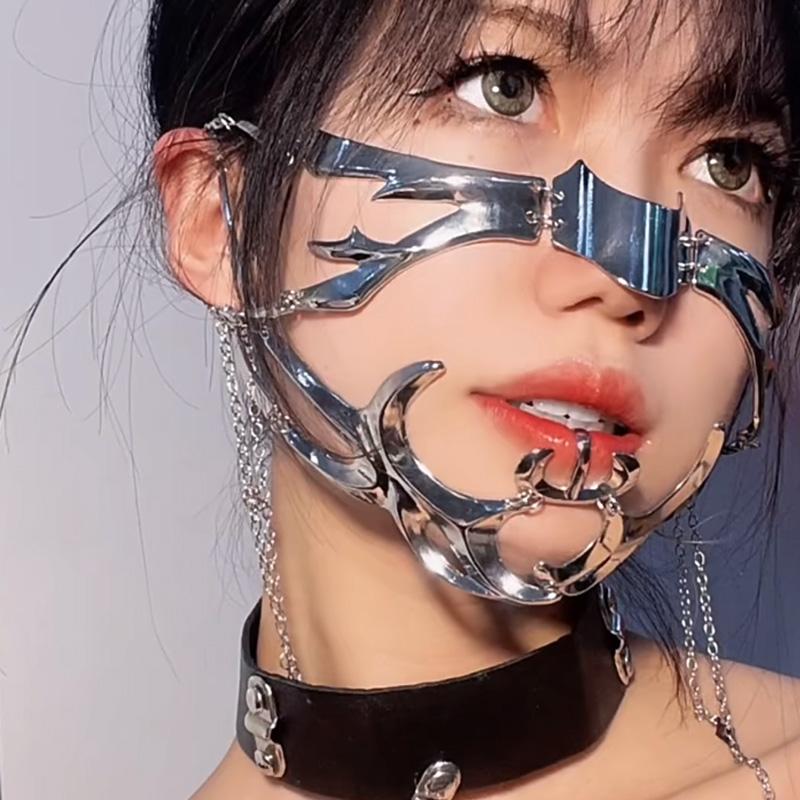 Gothic Punk Metal Mask Man Woman Multifunction Adjustable Metal Chain Mechanical Face Mask Halloween Cosplay Accessories