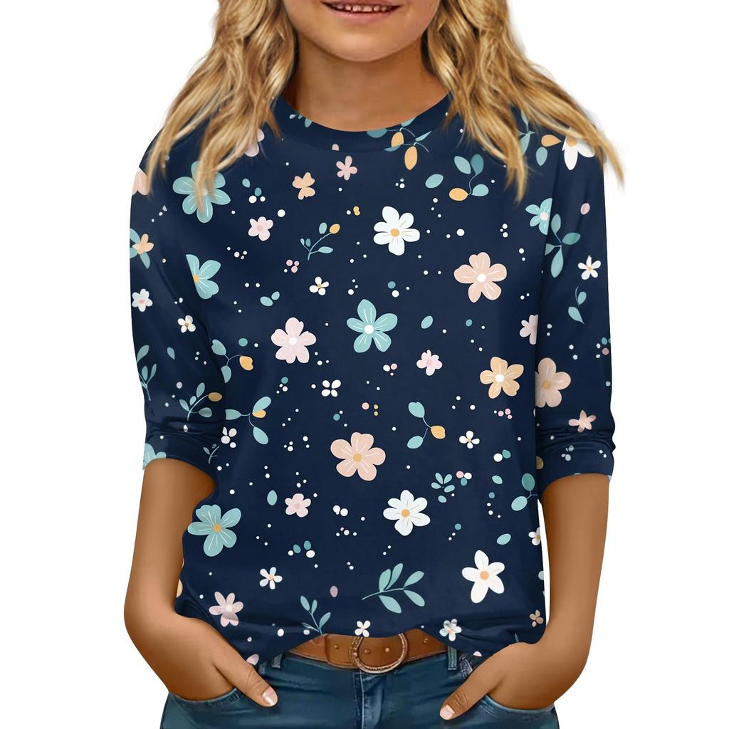 Kinder 3/4 Ärmel Tops Casual Print T-Shirt Rundhals Pullover Bluse