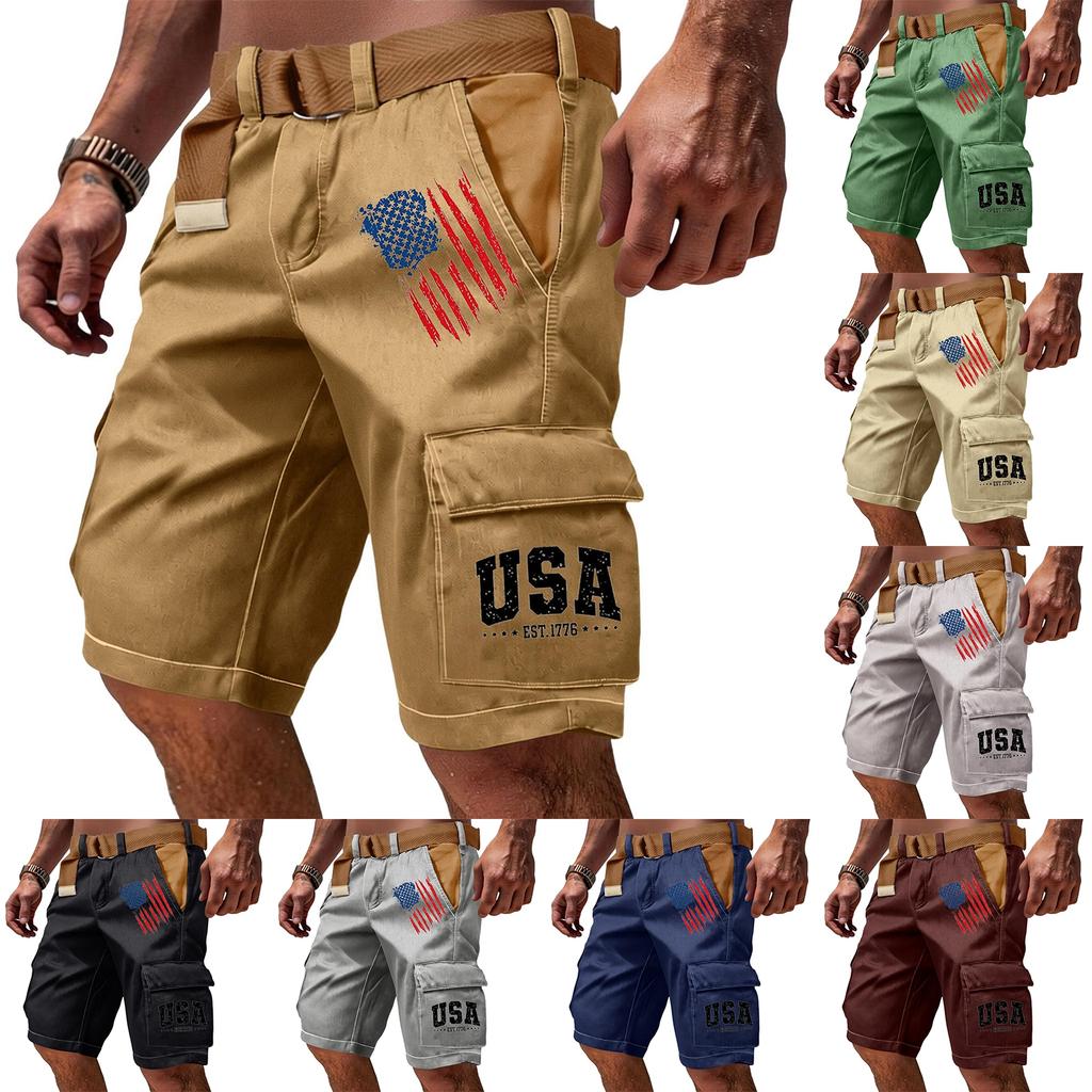 Men's Casual Multi Pocket Cargo Shorts with Flag and Letter Print Design Functional Workwear Shorts Without Belt Suitable for Outdoor Activities
