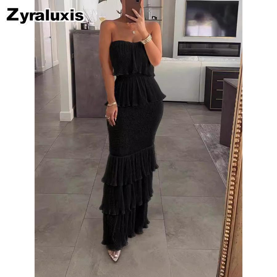 New Fashion Chic Women's Off-Shoulder Ruffled Pleated A-Line Dress