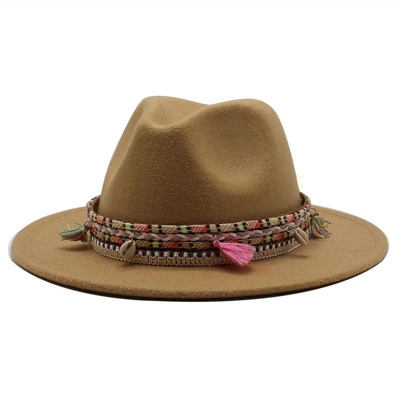 Woolen Top Hat, Fringed Minority Style Jazz Hat, Retro Flat-Brimmed Big Eaves Hat.
