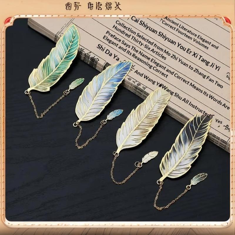 Enamel Feather Metal Bookmark With Gold Trim And Small Pendant Chain Perfect For Book Lovers Reading Gift School Office Use