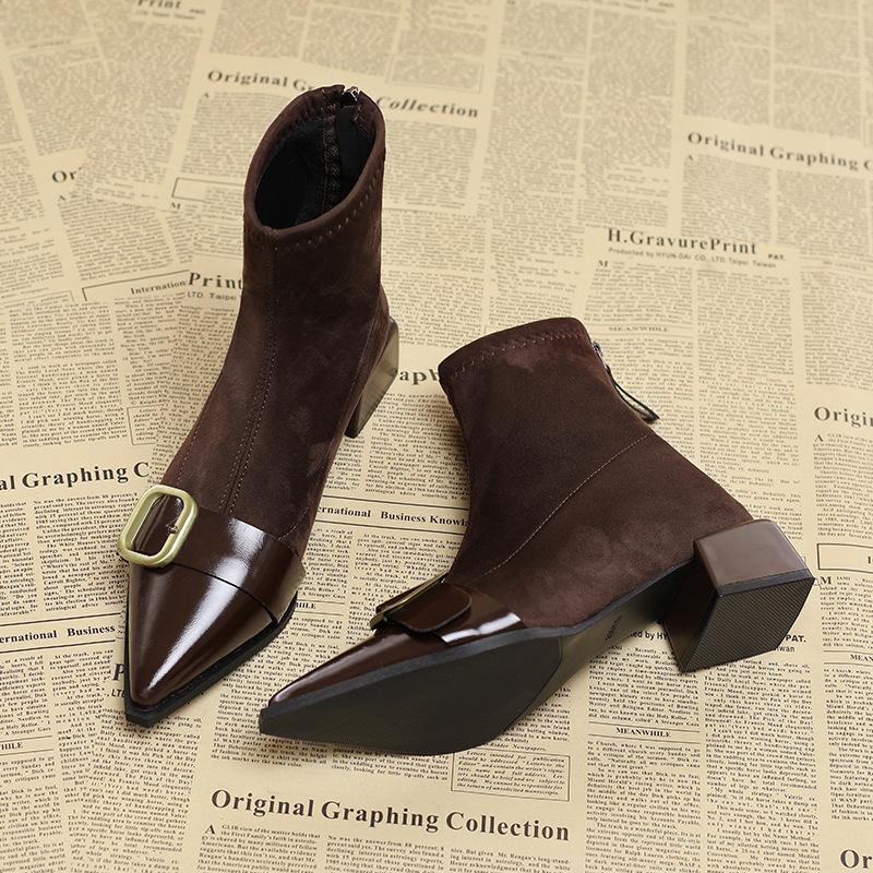 

Модная Зимняя Винтажная Женская Обувь до Щиколотки Женская Минималистичная Остроносая С Пряжкой на Ремне Массивный Каблук Ботильоны Облегающие Ногу Женская Дизайнерская Офисная Обувь 35 коричневый