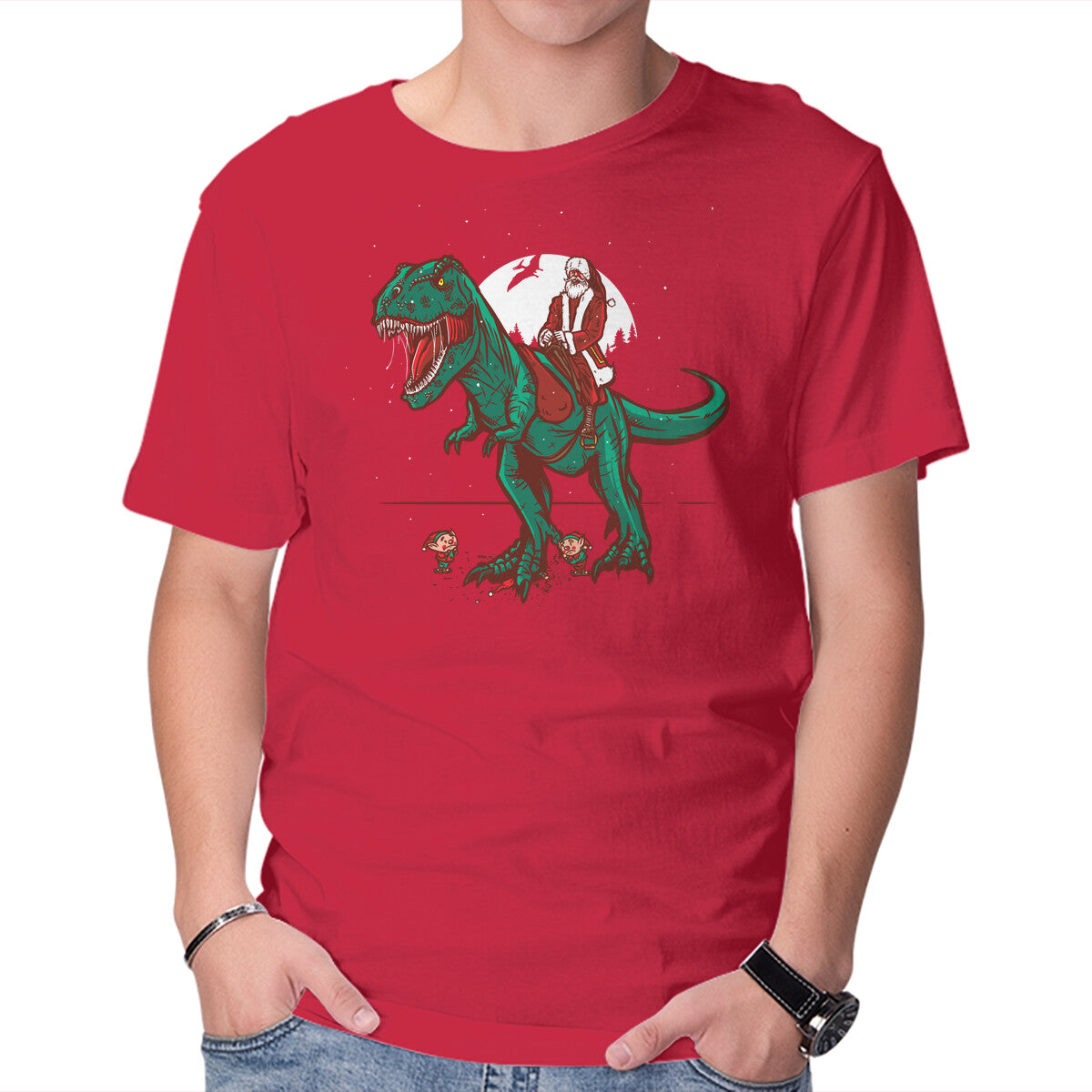 Unisex Crew Neck T-Shirt T-Rex Christmas Graphic Short Sleeve Casual Tee XL