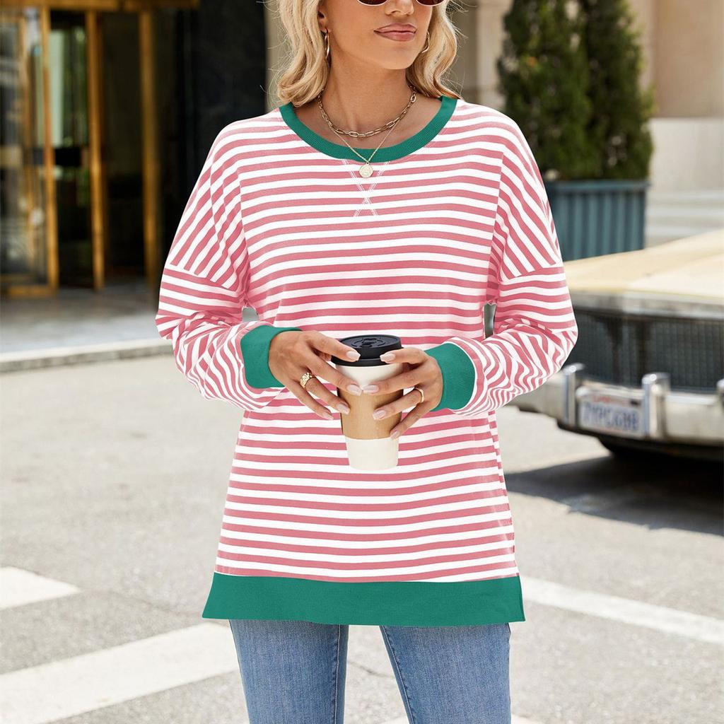 HNXC Women's Fashion Casual Stripe Print Long Sleeve O-Neck Hoodies & Sweatshirts
