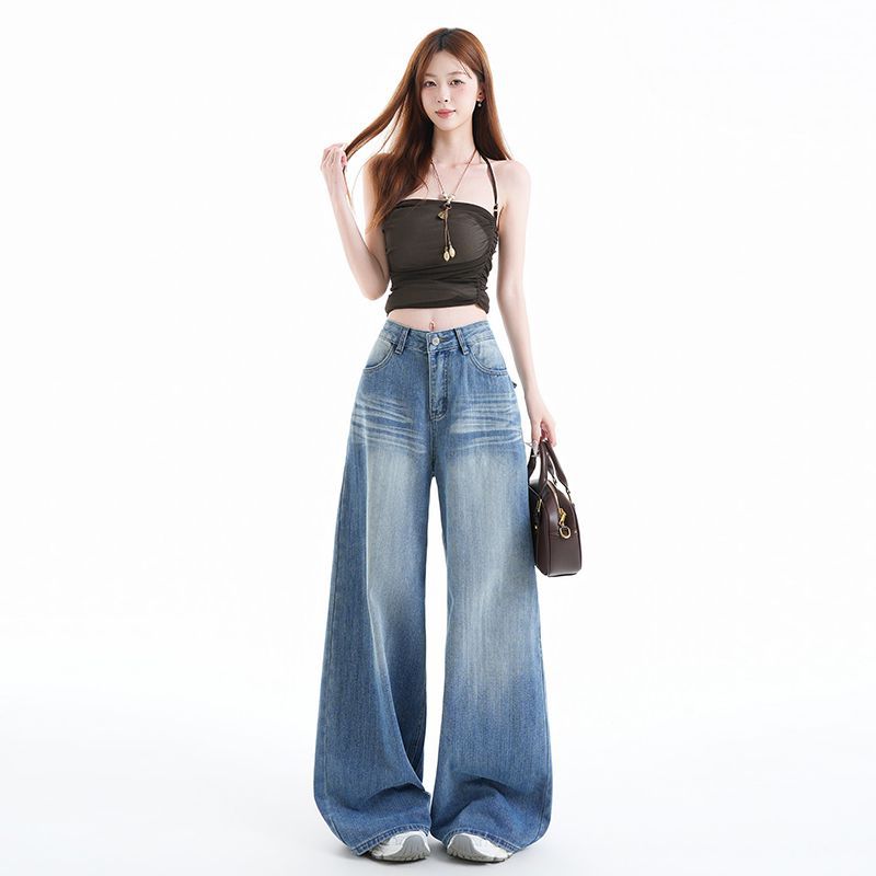 Spring Summer Crease Vintage Distressed High Waist Wide Leg Denim Pants For Ladies Casual Pants Oversize Denim Trousers