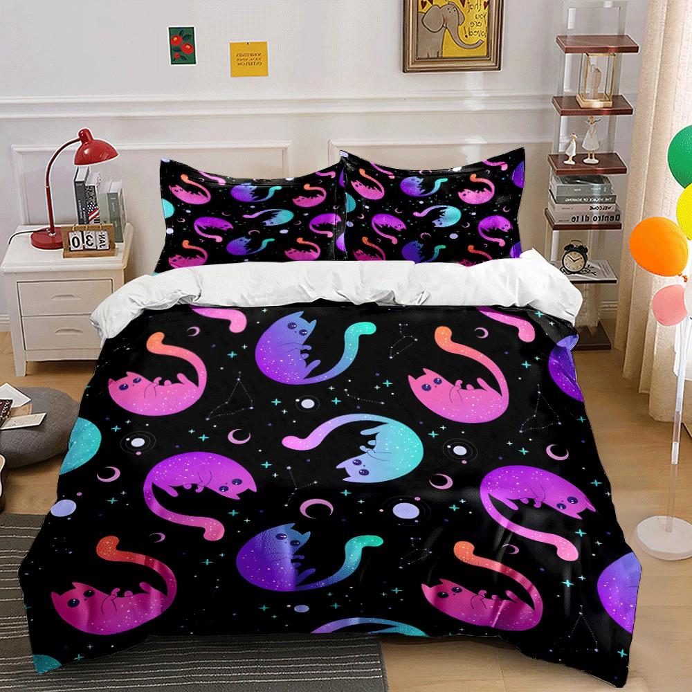 Galactic Cat Pattern Decor Setsuitable For Creative Indoor Decor. Exquisite Three-Piece Bedding Set Gift For Kids And Adults
