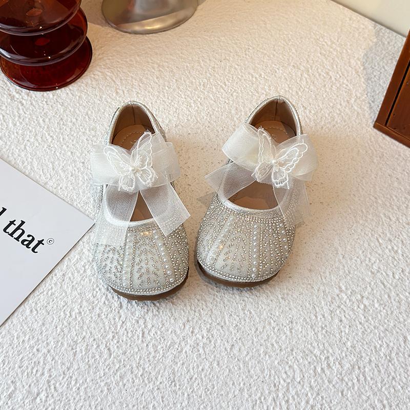 Girls Flat Shoes Mesh Lace Bows Sweet Butterfly Kids Leather Shoes Round Toes 2025 New Girls Princess Shoes Non-slip Pearl Sweet
