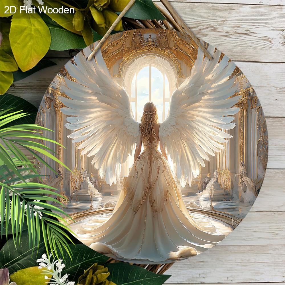 Holy Angel Wooden Sign with Gorgeous Palace Pattern - Beautiful Angel Round Artwork for Front Door Wall Home Hanging Decoration