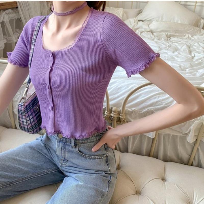 Yankee Strickpullover Jahr Damenmode Lila Spitzenstrickjacke Dünner Kurzer Abschnitt Schlanke Oberteile Lässiges Wesentliches Komfort und Stil Schlanke Passform Pullover T-Shirts