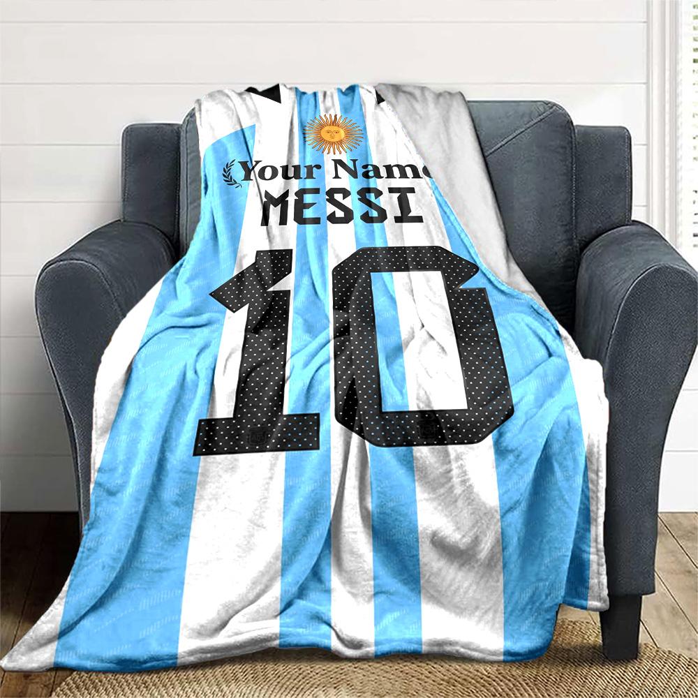 Football Messi Personalized Name Blanket Throw Customizable Blanket Ultra-Soft Perfect for Livingroom Home Decor Office Chair Couch
