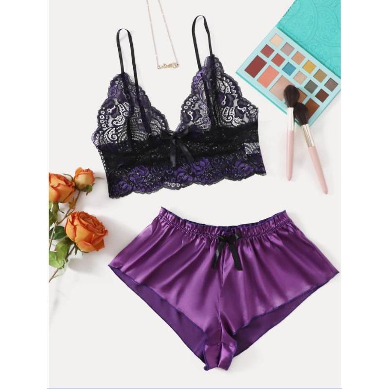 

Сексуальное нижнее белье Подвязка из кружева Кружевные шорты Женское платье Комплект из двух предметов XL фиолетовый