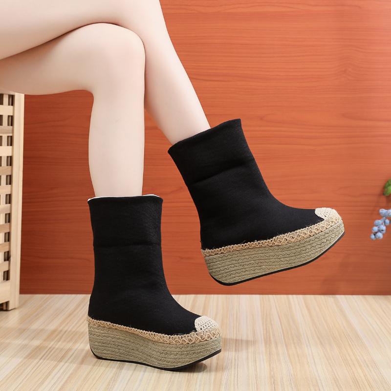 Fashion Retro Women's Cotton Shoes 2024 Winter New Item with Outward Turned Edge Splicing Round Head Women's Casual Fabric High Top