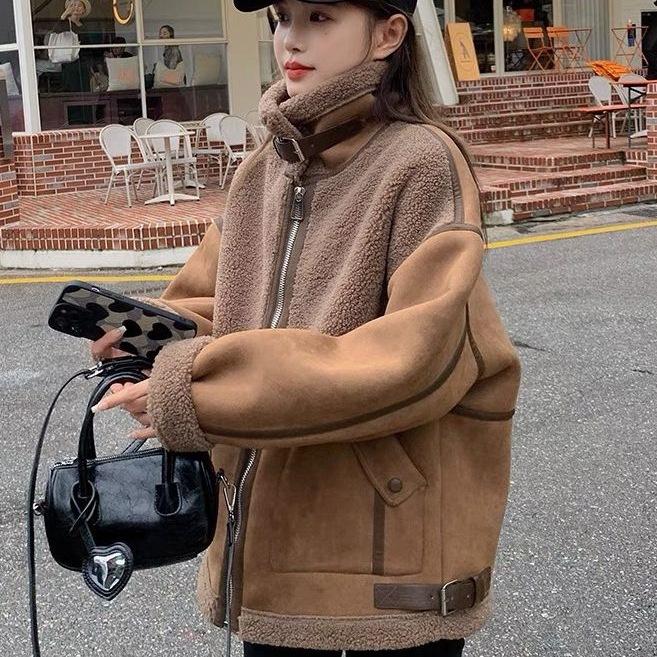 

Women s Winter Thickened Short Shearling Patchwork Coat Unique Design Biker Jacket XS