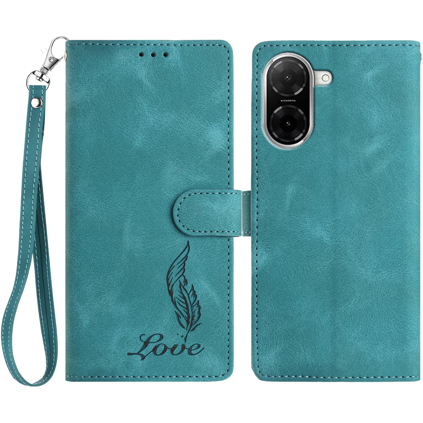 

For Xiaomi Redmi A5 NFC (173.45mm) Case Imprinted Feather PU Leather Wallet Phone Cover with Wrist Strap Green