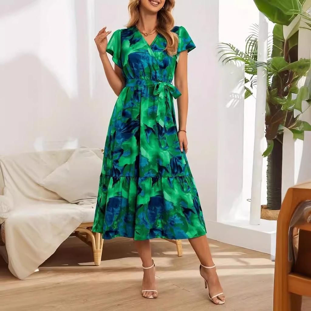 Dlouhé šaty s květinovým potiskem pro ženy s překříženým výstřihem do V vázanka v pase s volánkem s krátkým rukávem Patchworkové maxi šaty letní prodyšné lehké šaty na dovolenou