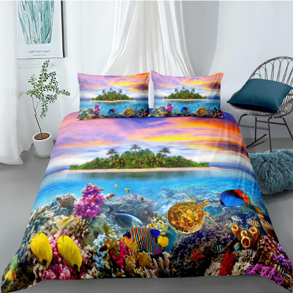 

Ocean Duvet Cover Set Queen Double Size Polyester Ocean Animals Fishes Tortoise And Rainbow Color Coral Printed Comforter Cover EU single(135x200cm)