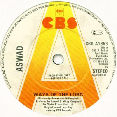 7inch Record ASWAD - Ways Of The Lord CBSA1653PROMO CBS 1981 UK Reggae, Ska & Dub Used