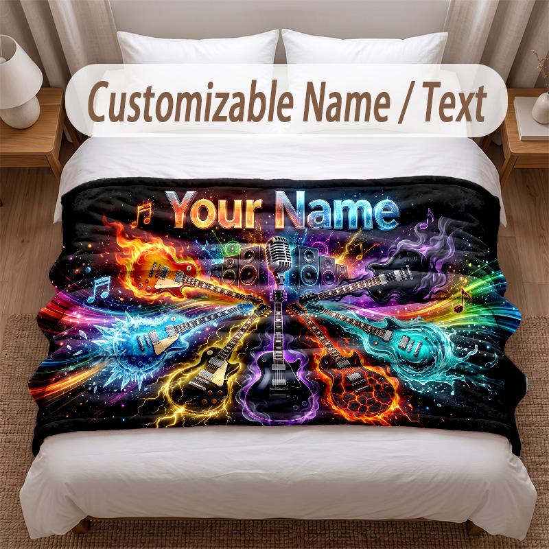 Music Guitar Theme Soft Blanket Personalized Custom Name Text Print Warm Blanket Home Sofa Bedroom Decor
