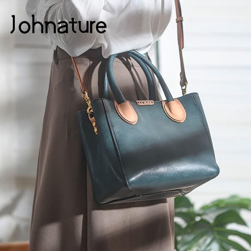 Johnature Luxus kézitáska Valódi bőr női táska, kézzel készített természetes, valódi marhabőr egyszínű, egyszerű válltáskák