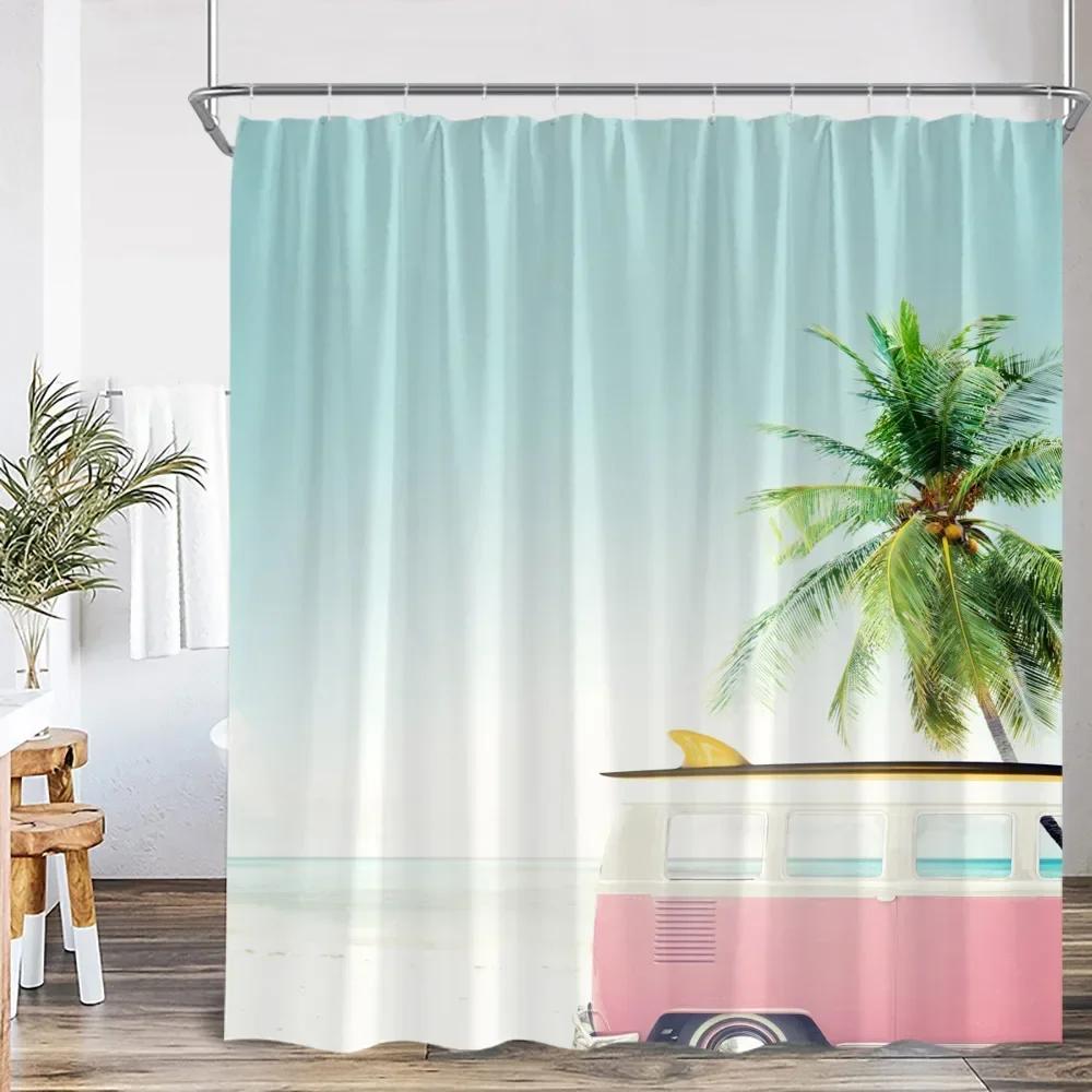 Camping Shower Curtain Camper Travel Bus Beach Coconut Tree Surfboard Outdoor Action Bathroom Decoration RV Shower Curtain