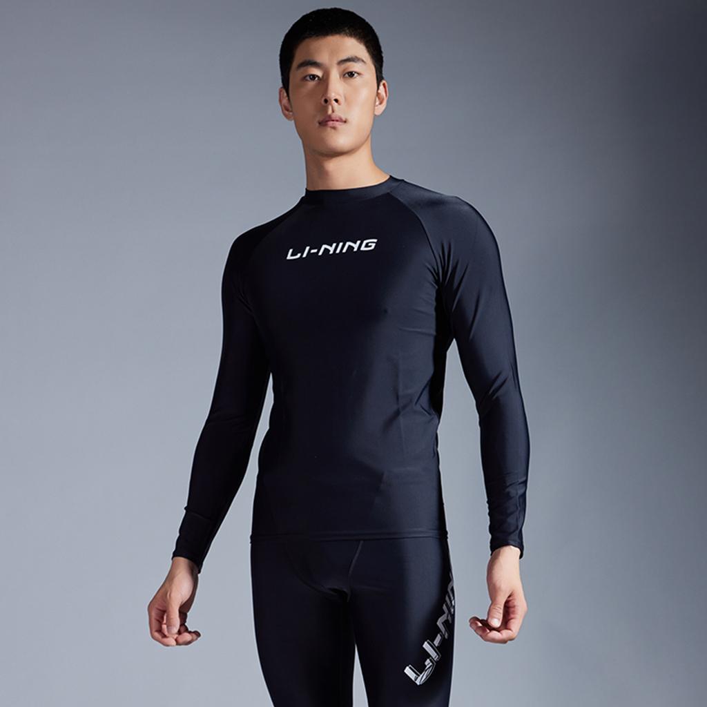 Li Ning Swimming Series Letter Round Neck Pullover Long Sleeve Swimsuit Men swimsuit Black ASLT085-1