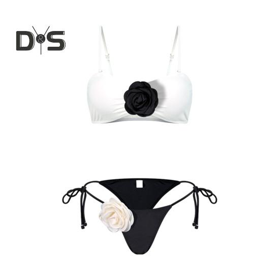 2Pcs/Set Women Bikini Set Sling Flower Decor Bra Lace-Up Briefs Set Three-Dimensional Flowers Adjustable Shoulder Straps Swimsuit