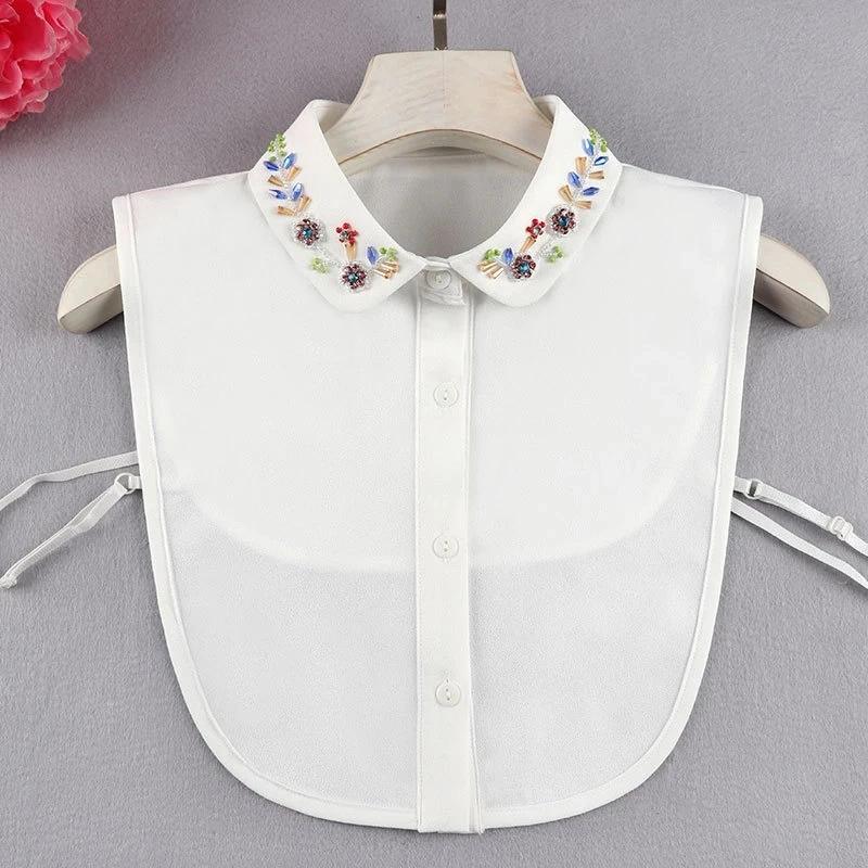 Fashion Ladies Fake Collar for Women Chiffon Fake Collar Rhinestone False Collar Lapel Detachable Button Half-Shirt Blouse Top