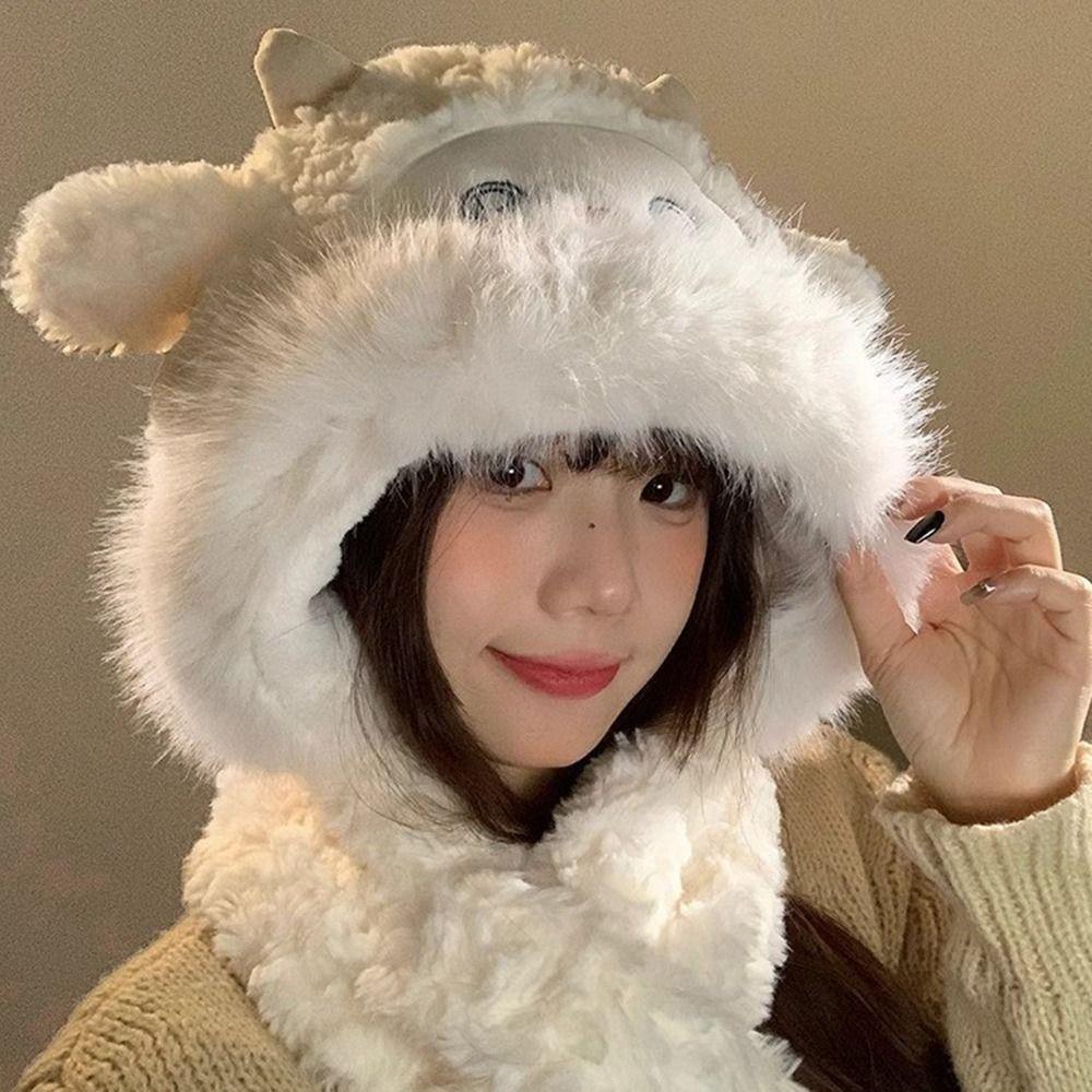 Cute Winter Warm Hat Sheep Ear Windproof Ear Protection Hat Neck Warmer Thickened Integrated Hat Scarf Set for Women Girls