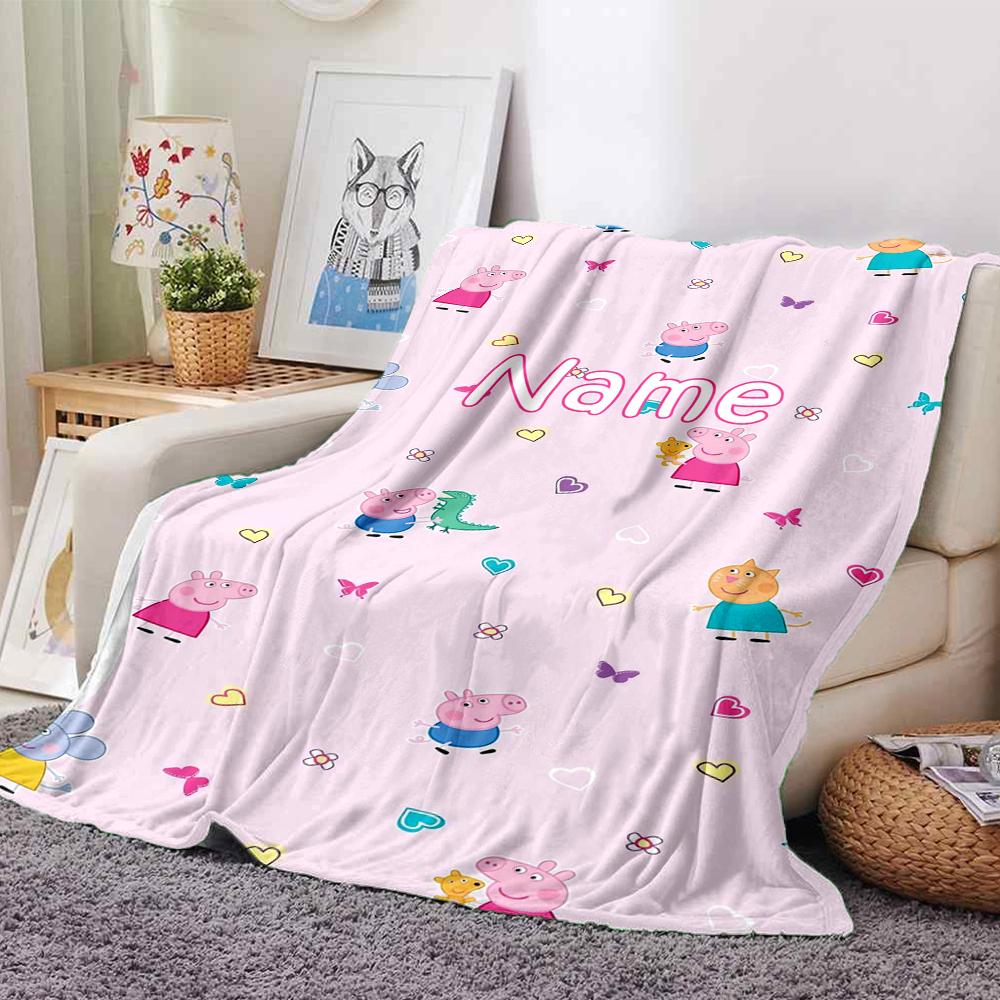 Custom Name Peppa Pig Theme Printed Blanket - Perfect for Couch, Bed, Travel & Outdoor Use | Machine Washable, Cozy & Durable.