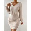 Small Autumn and Winter New V-neck Fashion Solid Sanding Sunken Stripe Double Purpose Method Slim fit Sheath Long sleeve dress Women