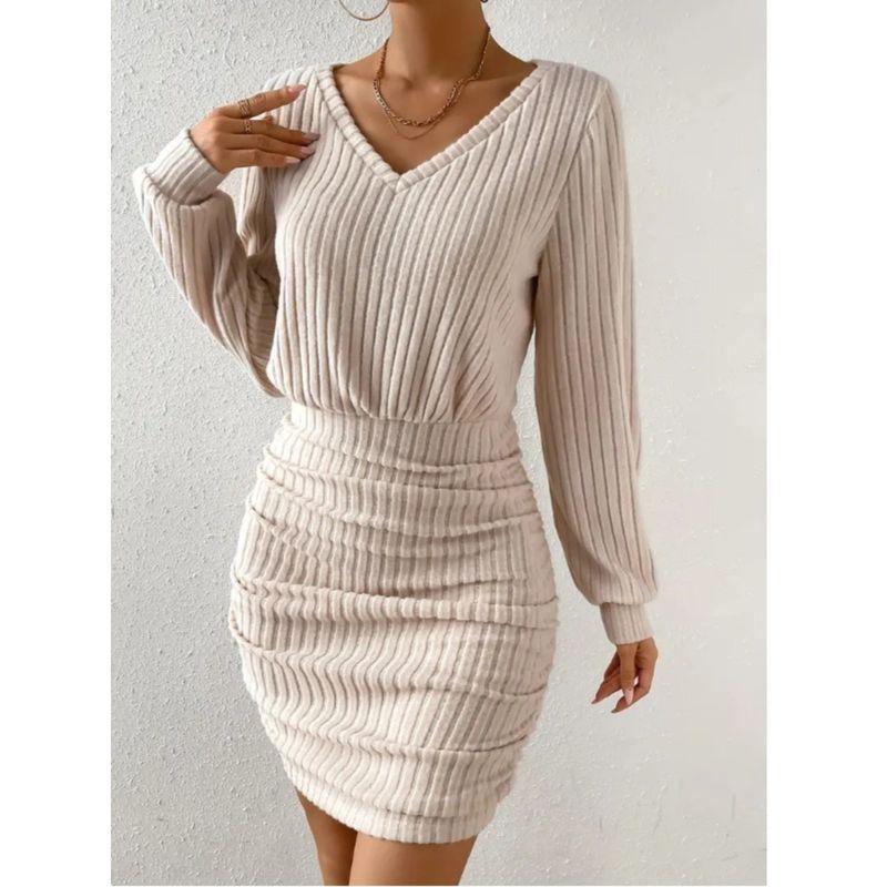 Small Autumn and Winter New V-neck Fashion Solid Sanding Sunken Stripe Double Purpose Method Slim Fit Sheath Long Sleeve Dress Women