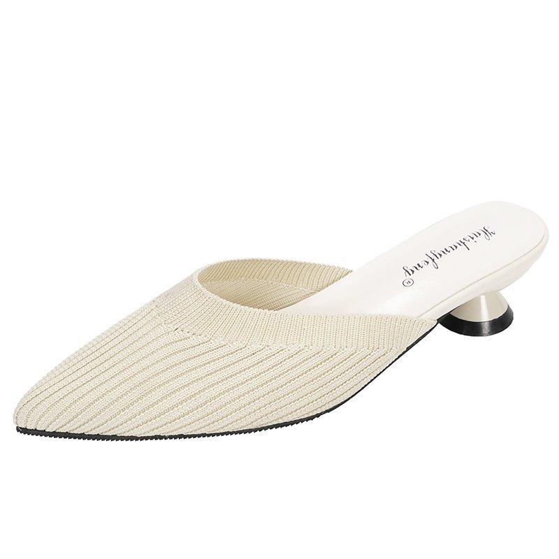Pointed Mid Heels Slippers Women Summer Shoes Sexy Sandals Knitted Elastic Mesh Slingback Breathable Mules Shallow Slides Shoes