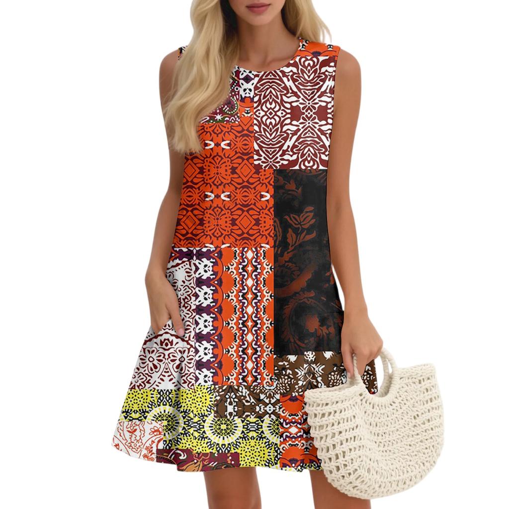 Women's Casual Fashion Breathable Round Neck Vest Floral Holiday Dress With Pockets