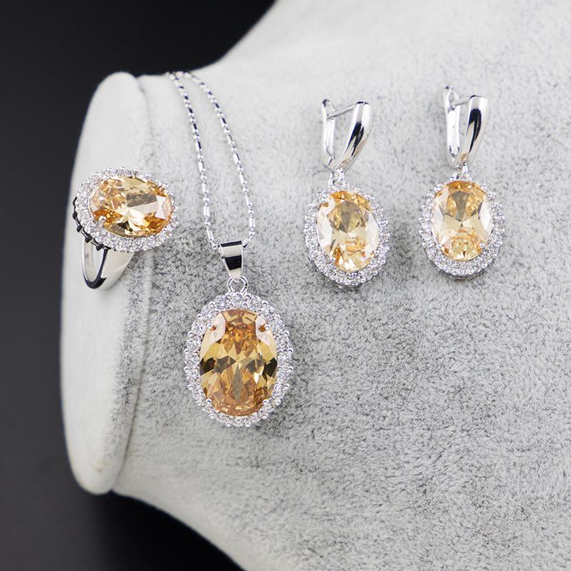 European-American Zircon Jewelry Set: Ring, Necklace, Earrings - Three-Piece Inlaid Zircon Collection